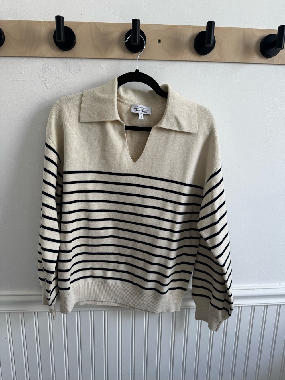 & Other Stories Cream and Black Striped V-Neck Polo Sweater